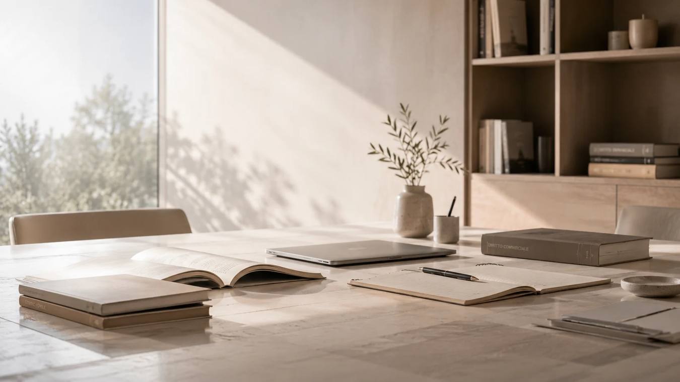 Studio luminoso con libri di diritto, documenti e strumenti di lavoro